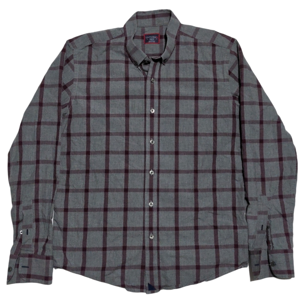 Untuckit Mens M Long Sleeve Button Down Gray Burgundy Plaid No Tuck Shirt EUC